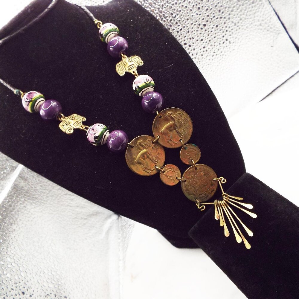 Vintage Mid Century Peruvian Purple Beaded Coin Llama Pendant Necklace